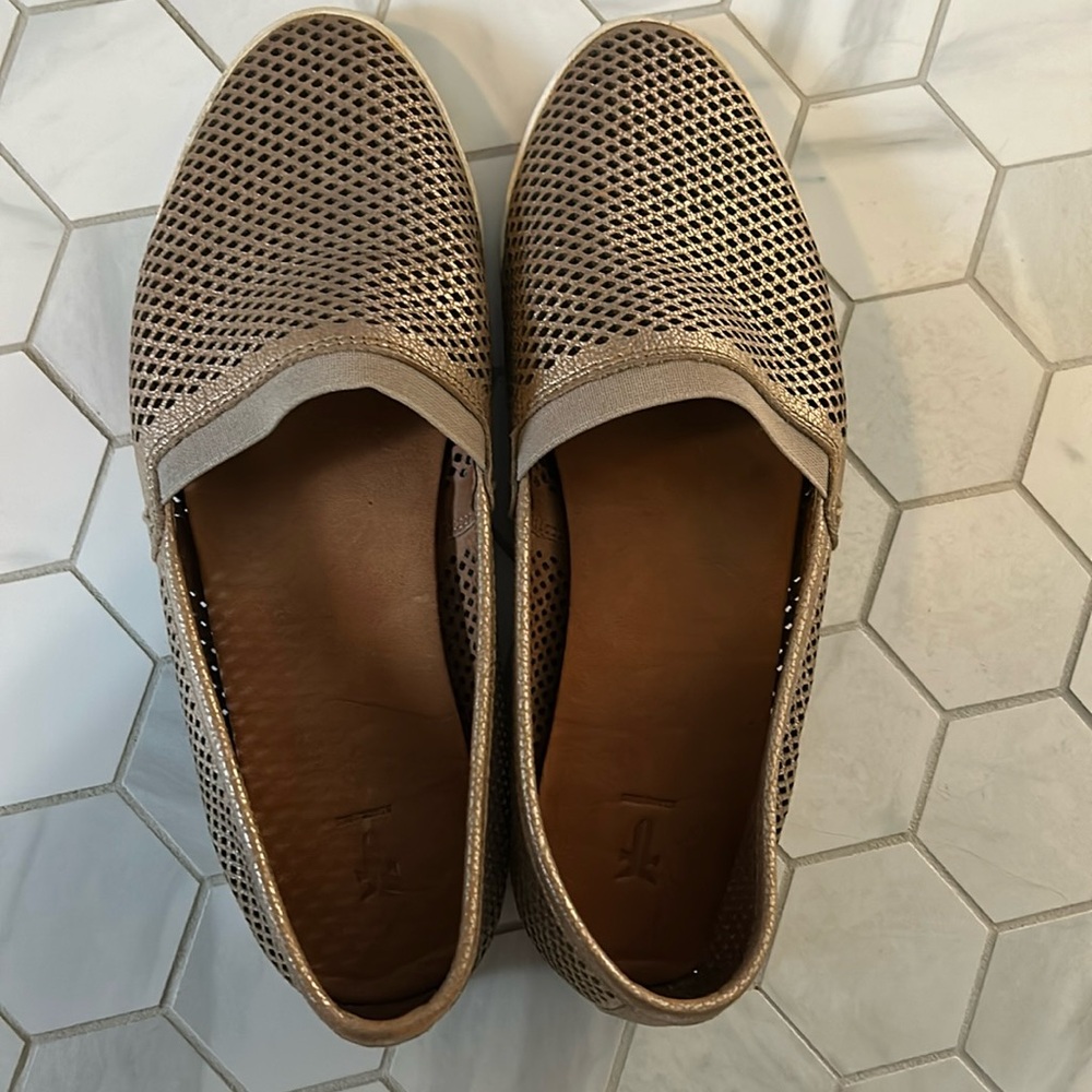 Gold Frye Melanie slip on shoes